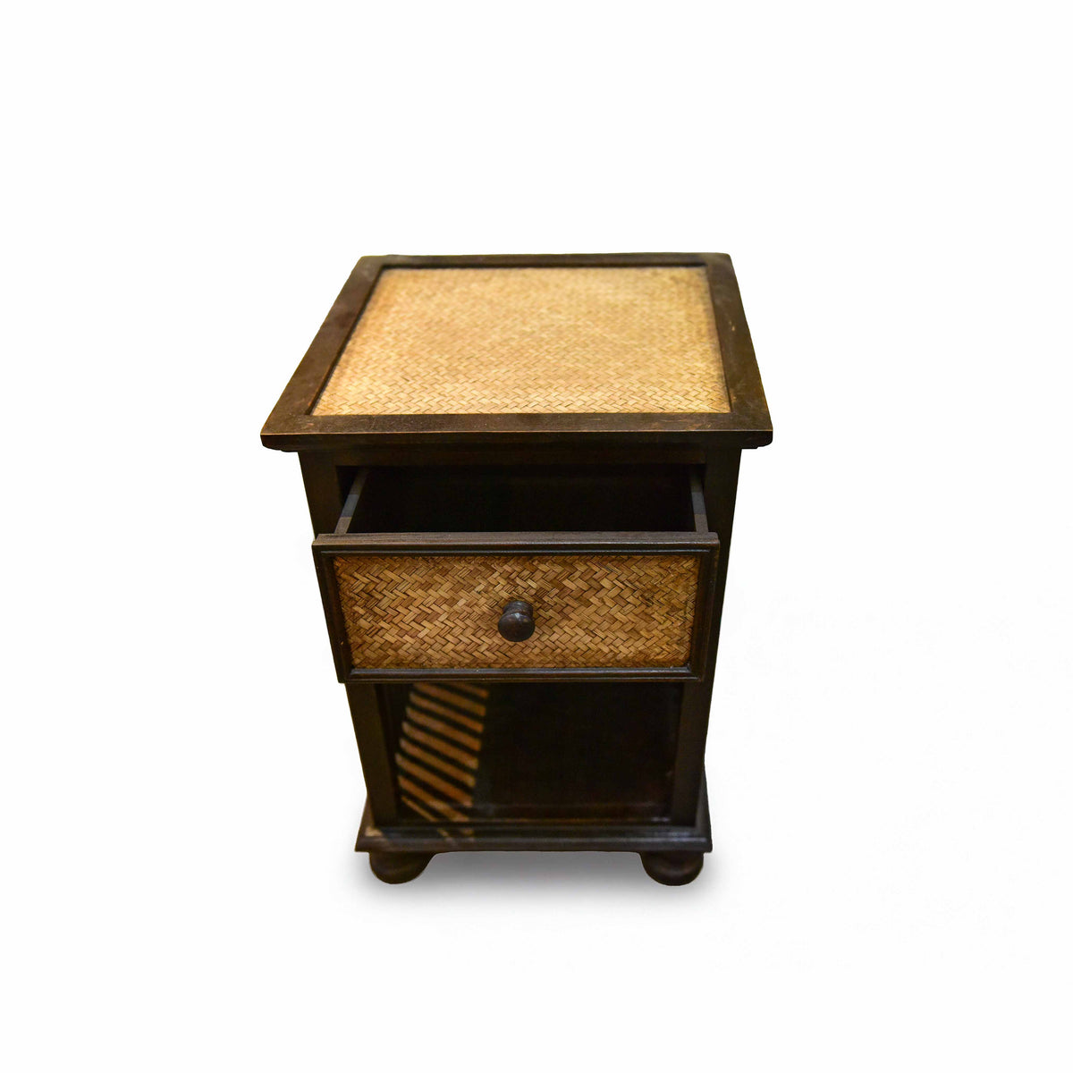 Handcrafted Single-Drawer Nightstand in Solid Thai Hardwood with Woven Bamboo Front and Open Shelf from Chiang Mai Thailand - Lalanna Design