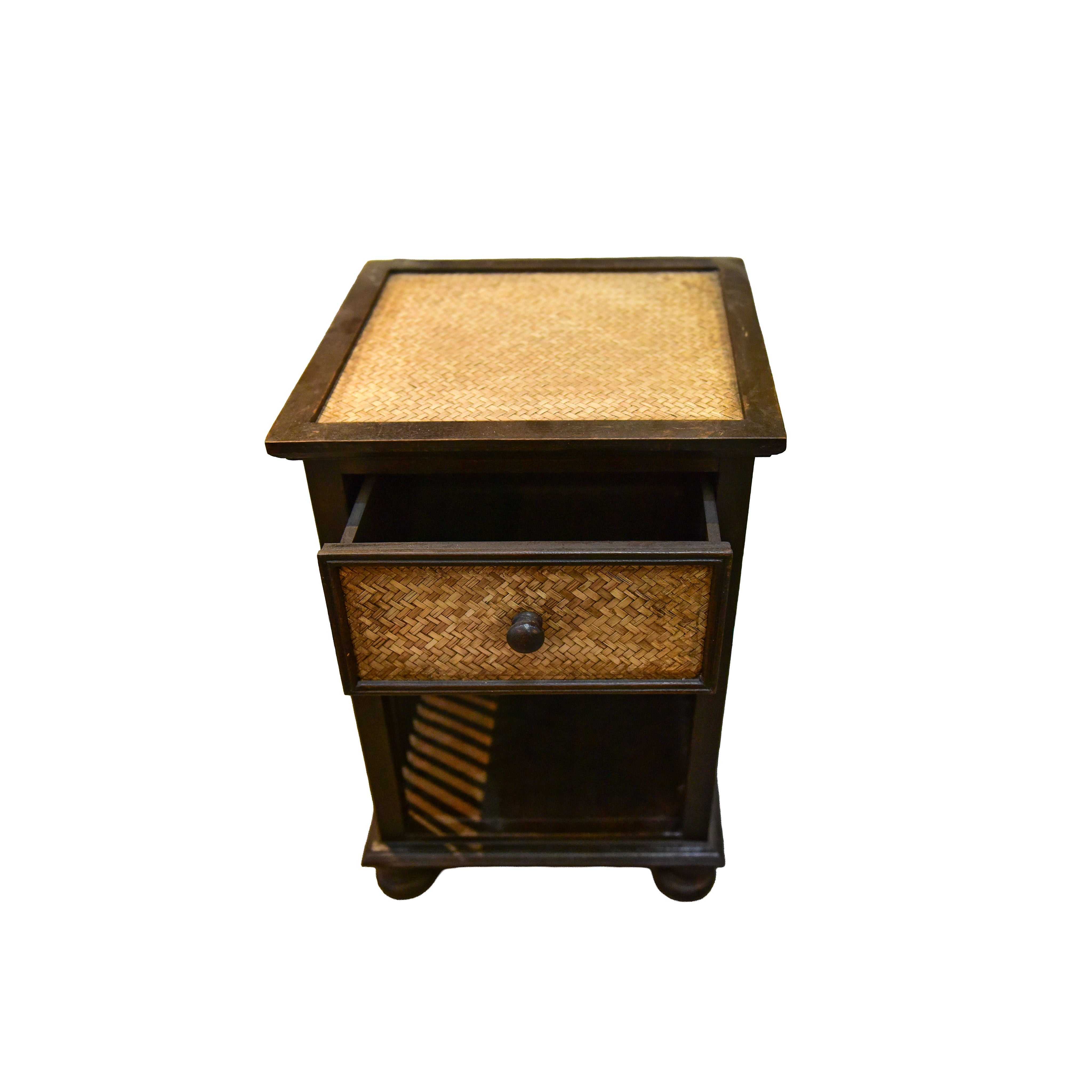 Handcrafted Single-Drawer Nightstand in Solid Thai Hardwood with Woven Bamboo Front and Open Shelf from Chiang Mai Thailand - Lalanna Design