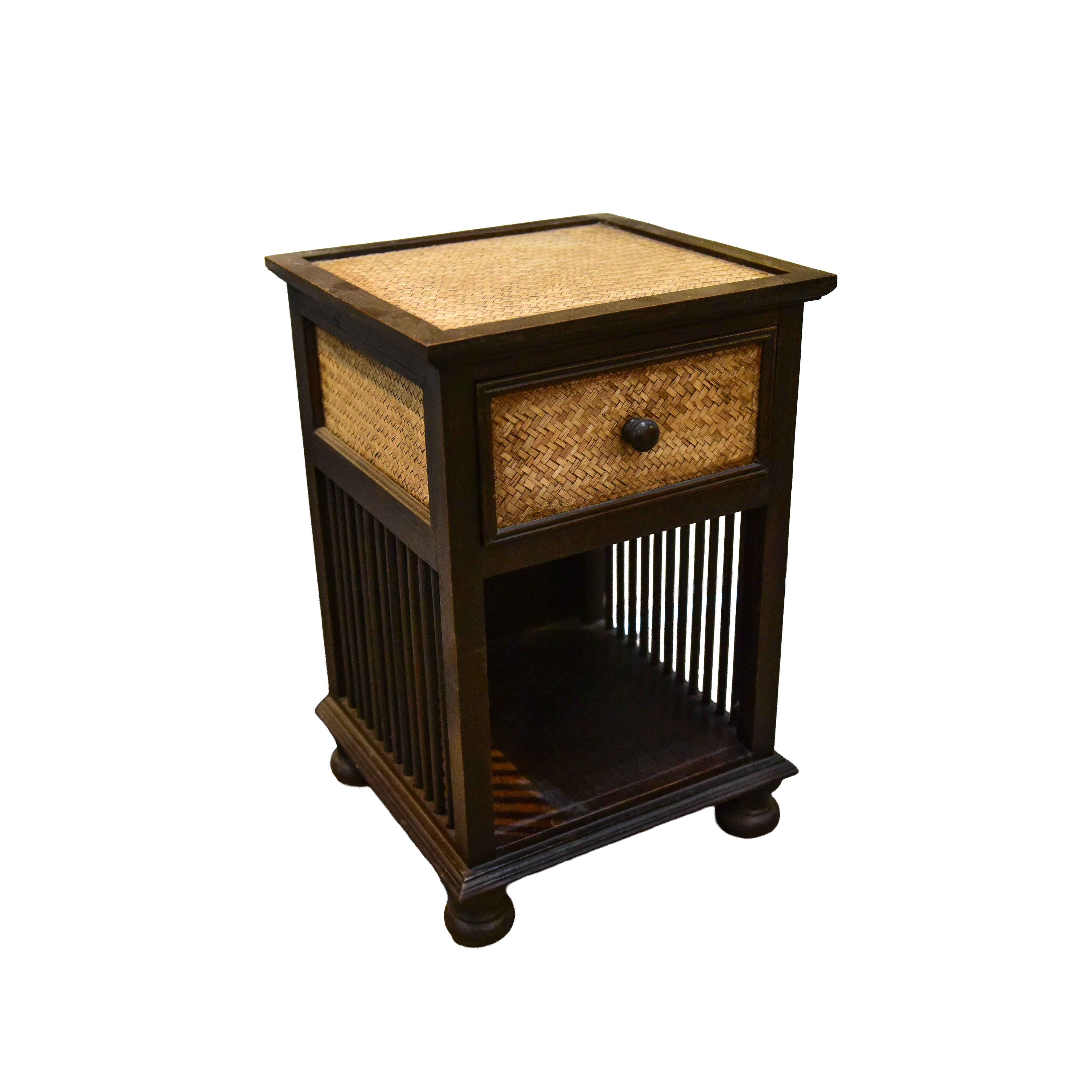 Handcrafted Single-Drawer Nightstand in Solid Thai Hardwood with Woven Bamboo Front and Open Shelf from Chiang Mai Thailand - Lalanna Design