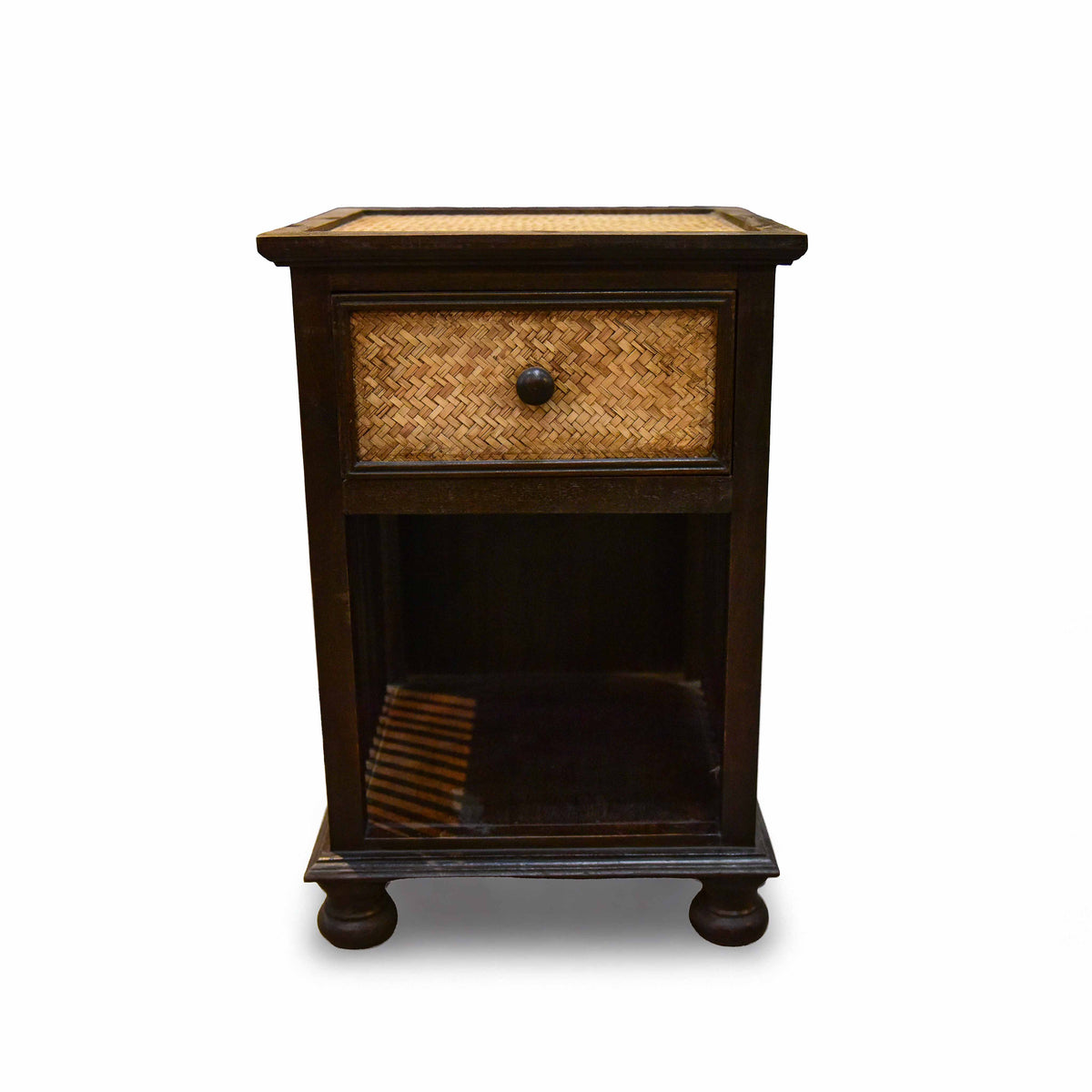 Handcrafted Single-Drawer Nightstand in Solid Thai Hardwood with Woven Bamboo Front and Open Shelf from Chiang Mai Thailand - Lalanna Design
