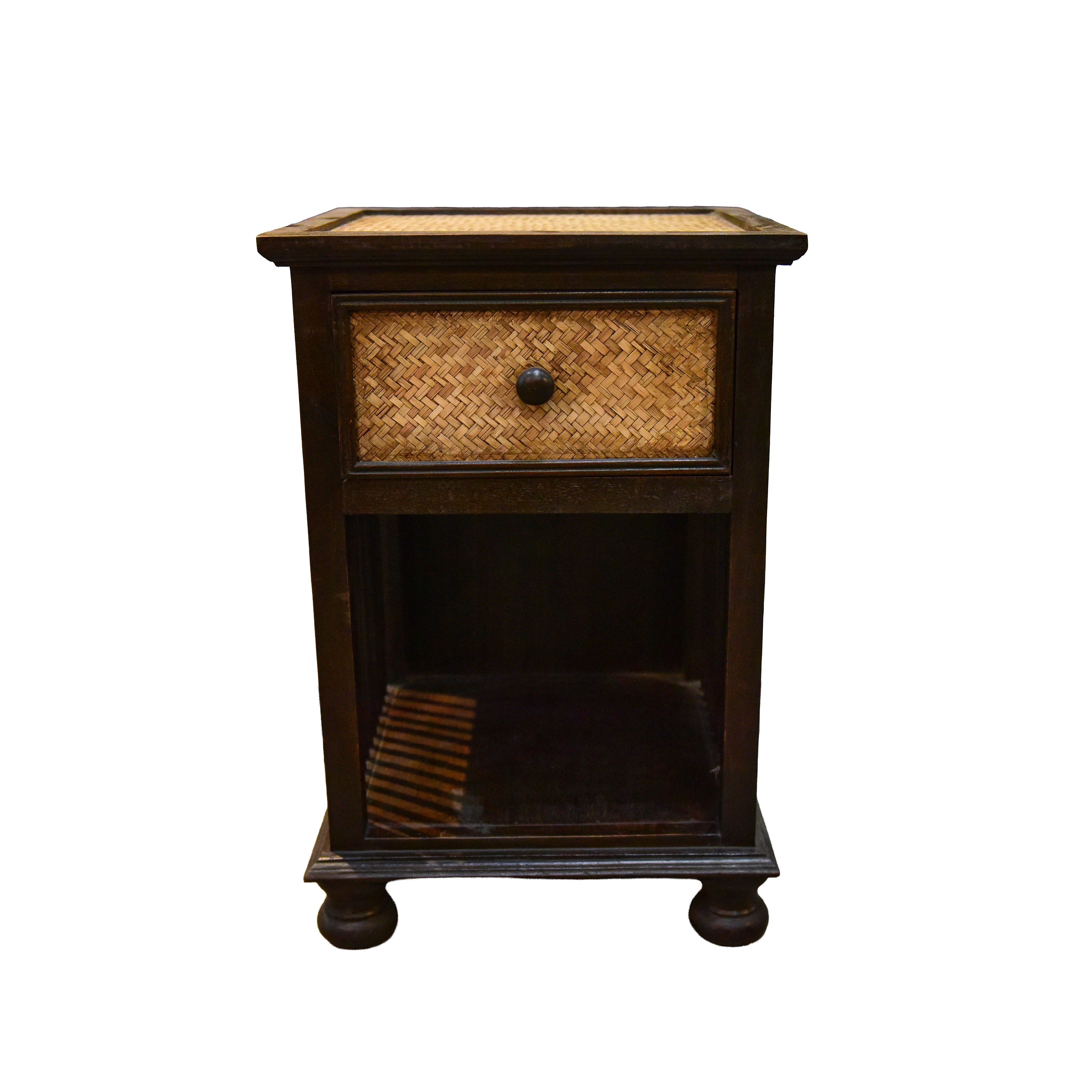 Handcrafted Single-Drawer Nightstand in Solid Thai Hardwood with Woven Bamboo Front and Open Shelf from Chiang Rai Thailand - Lalanna Design