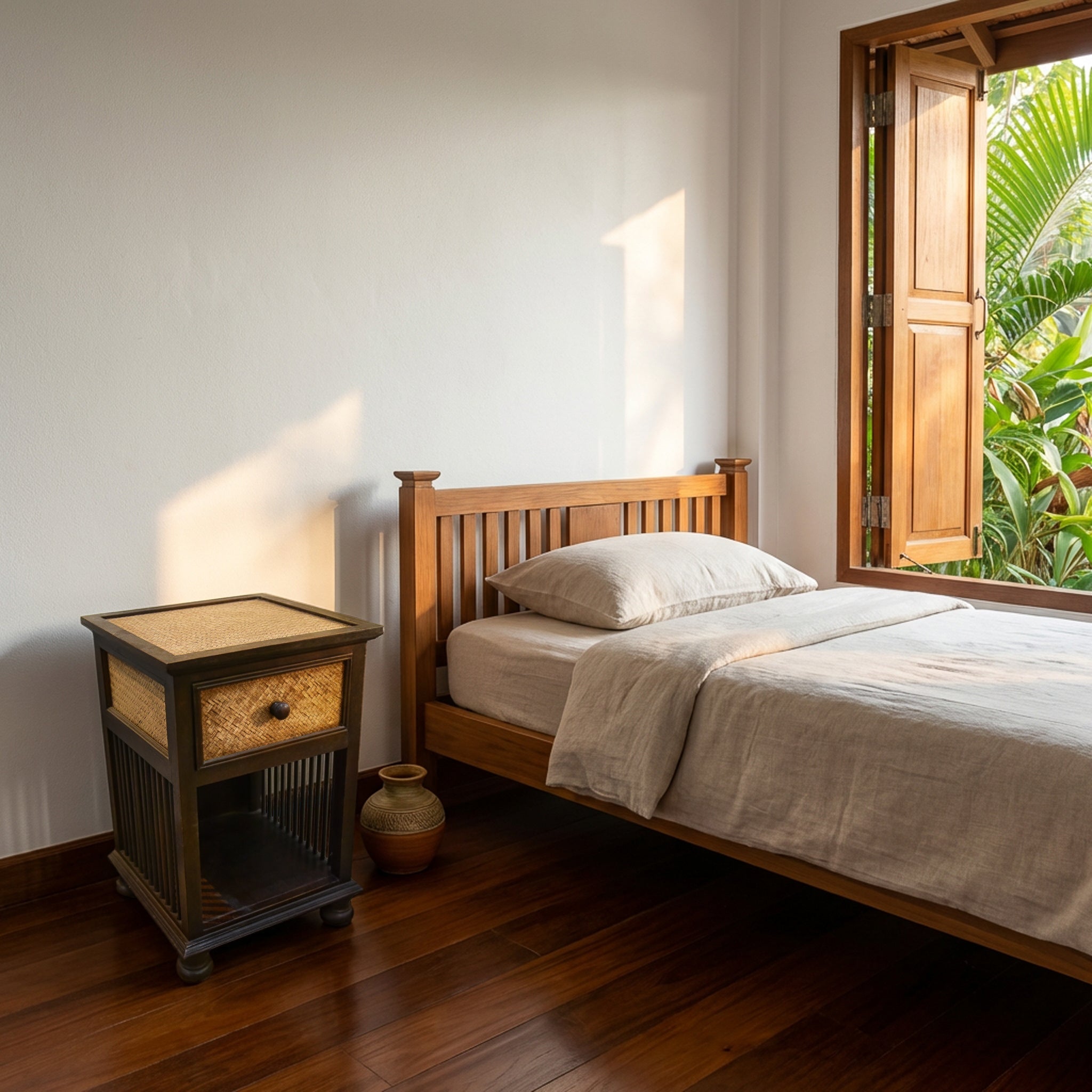 Handcrafted Single-Drawer Nightstand in Solid Thai Hardwood with Woven Bamboo Front and Open Shelf from Chiang Rai Thailand - Lalanna Design