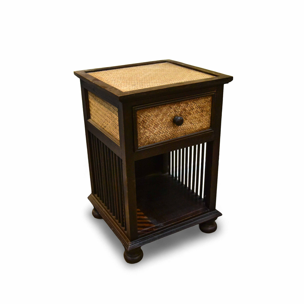 Handcrafted Single-Drawer Nightstand in Solid Thai Hardwood with Woven Bamboo Front and Open Shelf from Chiang Mai Thailand - Lalanna Design