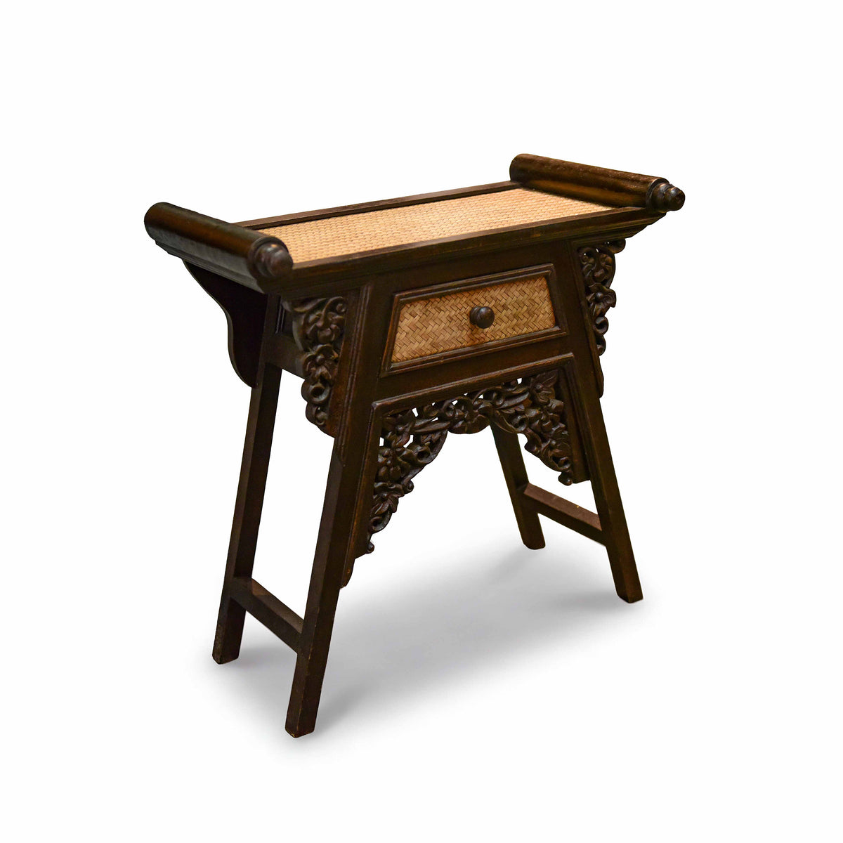 Handcrafted Small Console with drawer in Solid Thai Hardwood and Woven Bamboo with Grape Carvings from Chiang Mai Thailand - Lalanna Design