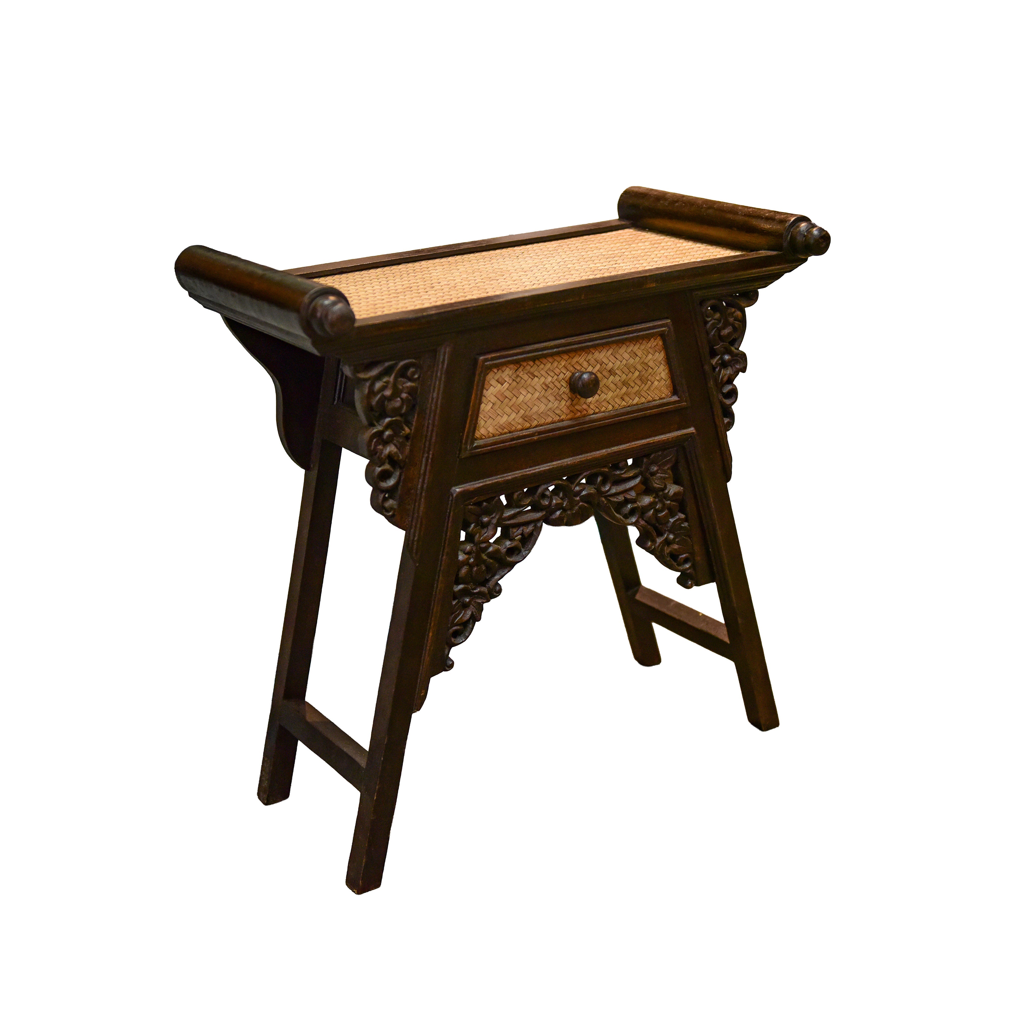 Handcrafted Small Console with drawer in Solid Thai Hardwood and Woven Bamboo with Grape Carvings from Chiang Mai Thailand - Lalanna Design
