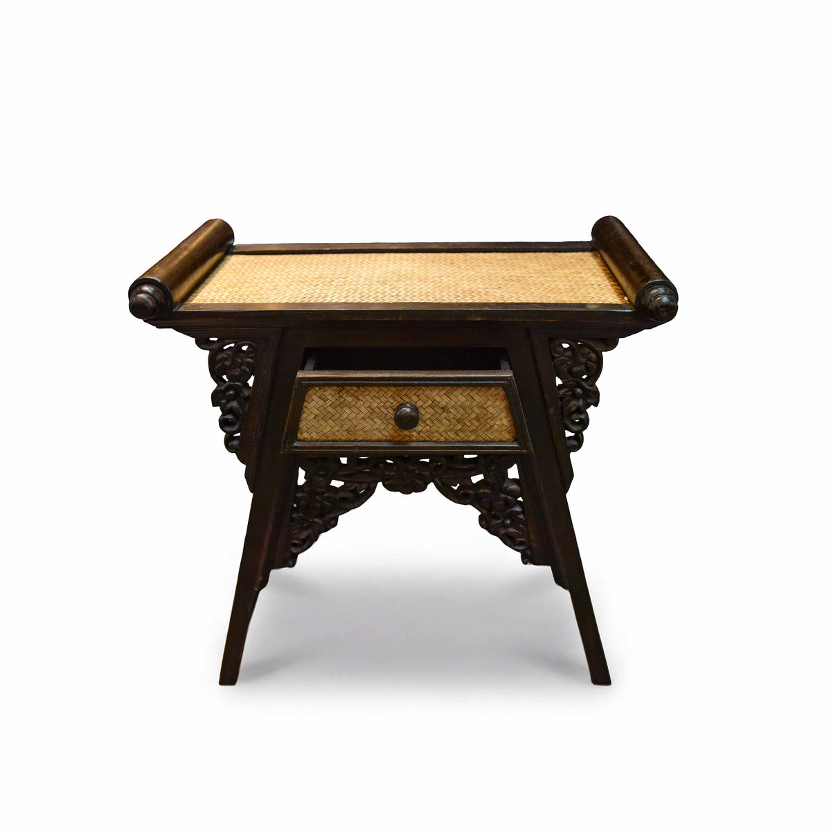 Handcrafted Small Console with drawer in Solid Thai Hardwood and Woven Bamboo with Grape Carvings from Chiang Mai Thailand - Lalanna Design