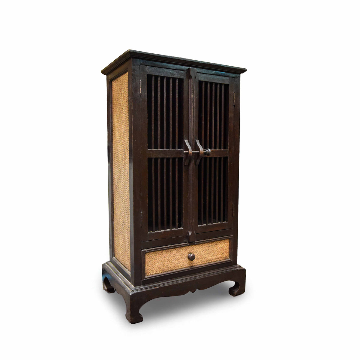 Handcrafted Tall Cabinet in Solid Thai Hardwood and Woven Bamboo from Chiang Mai Thailand - Lalanna Design