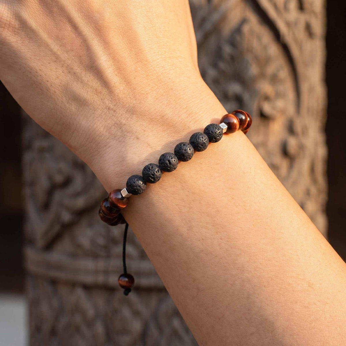 Handcrafted Bracelet Tiger Eye and Lava Stone Men's Bracelet with Adjustable Cord, Handmade Jewelry from Chiang Mai Thailand - Lalanna Design