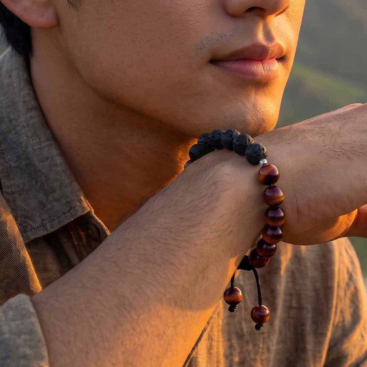 Handcrafted Bracelet Tiger Eye and Lava Stone Men's Bracelet with Adjustable Cord, Handmade Jewelry from Chiang Mai Thailand - Lalanna Design