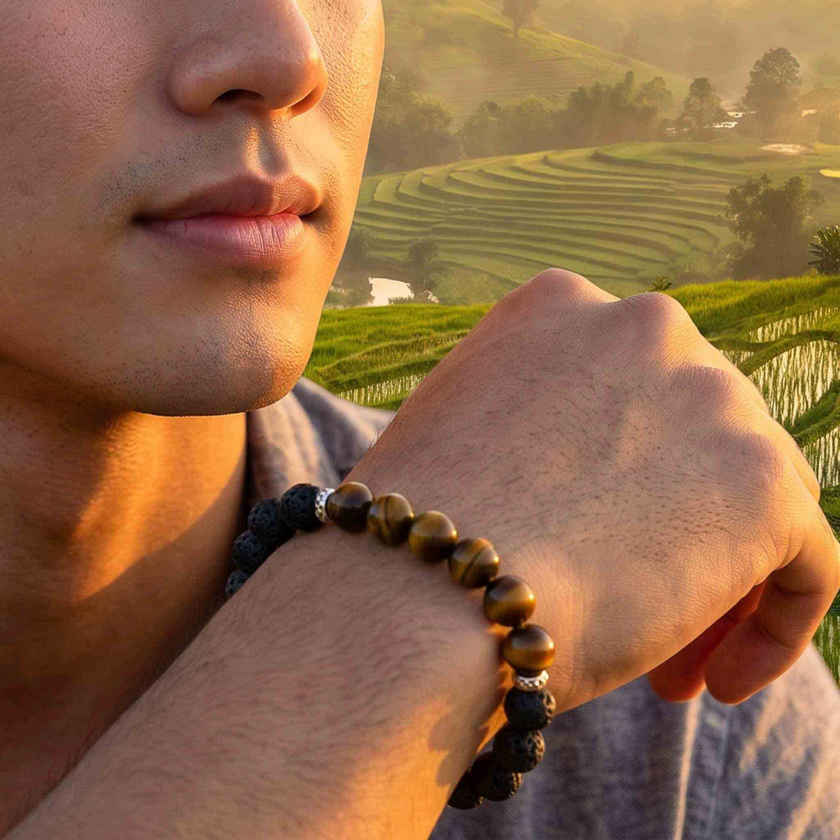 Handcrafted Bracelet Tiger Eye and Lava Stone Men's Stretch Bracelet, Handmade Jewelry from Chiang Mai Thailand - Lalanna Design