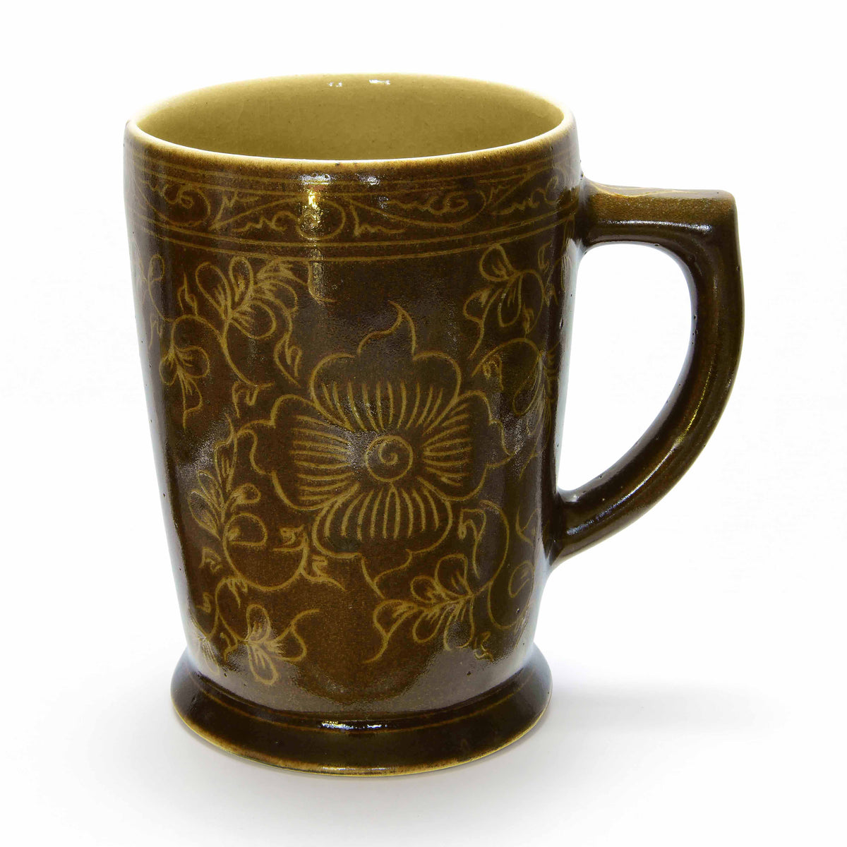 Handcrafted Wiang Kalong Dark Floral Mug - Hand-Painted Lanna Ceramic from Chiang Mai Thailand - Lalanna Design