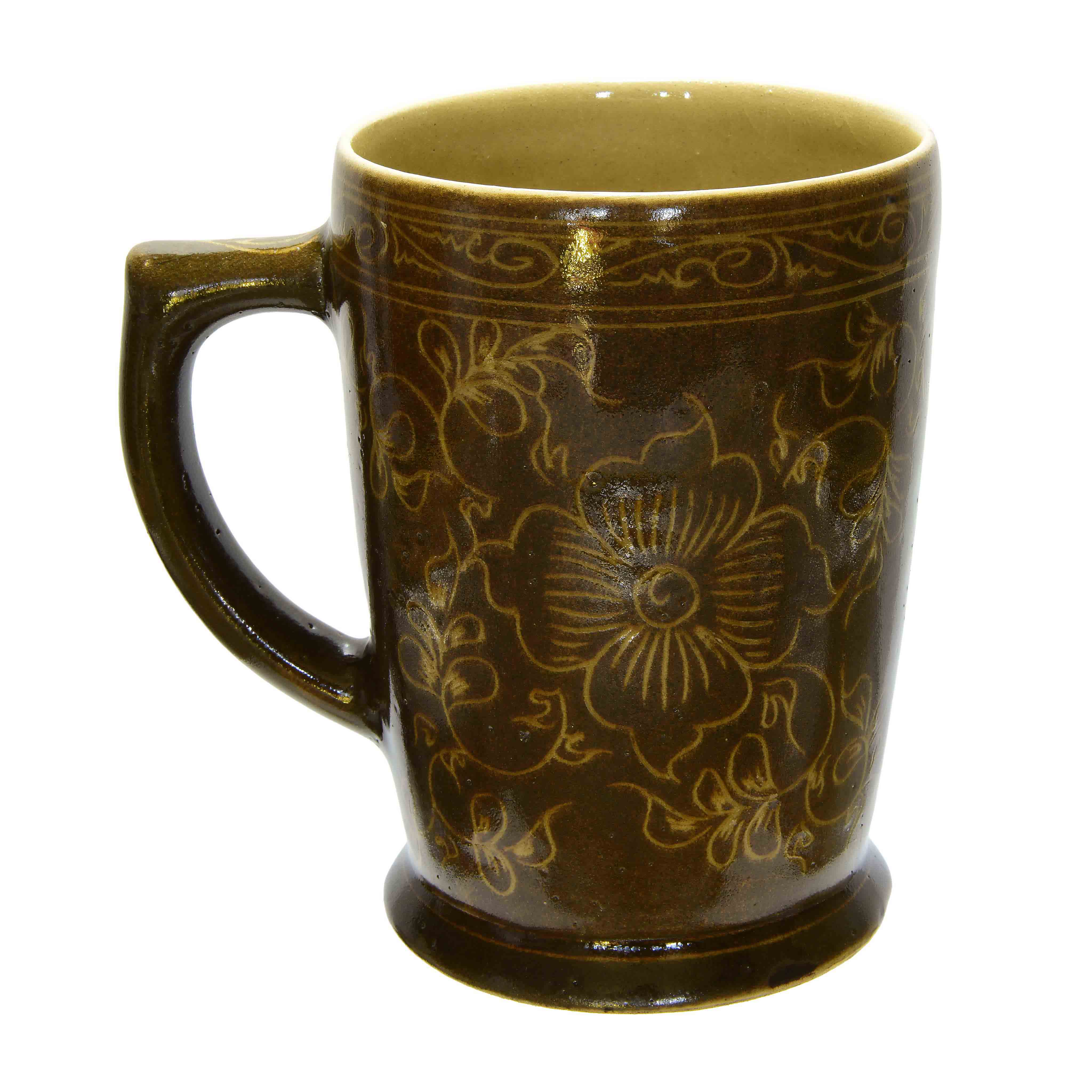 Handcrafted Wiang Kalong Dark Floral Mug - Hand-Painted Lanna Ceramic from Chiang Mai Thailand - Lalanna Design