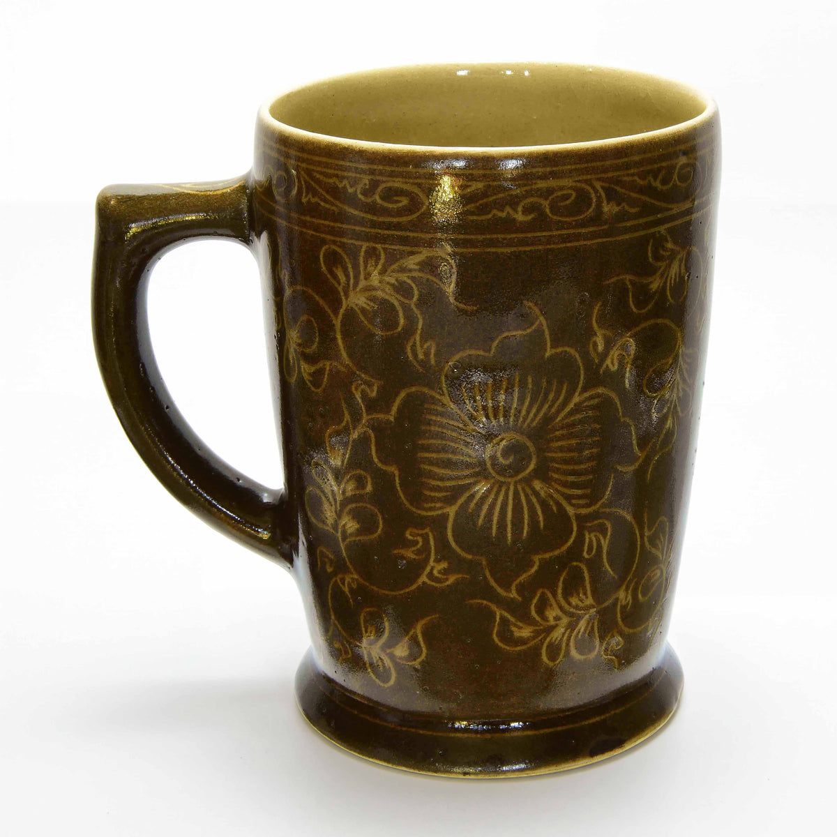 Handcrafted Wiang Kalong Dark Floral Mug - Hand-Painted Lanna Ceramic from Chiang Mai Thailand - Lalanna Design
