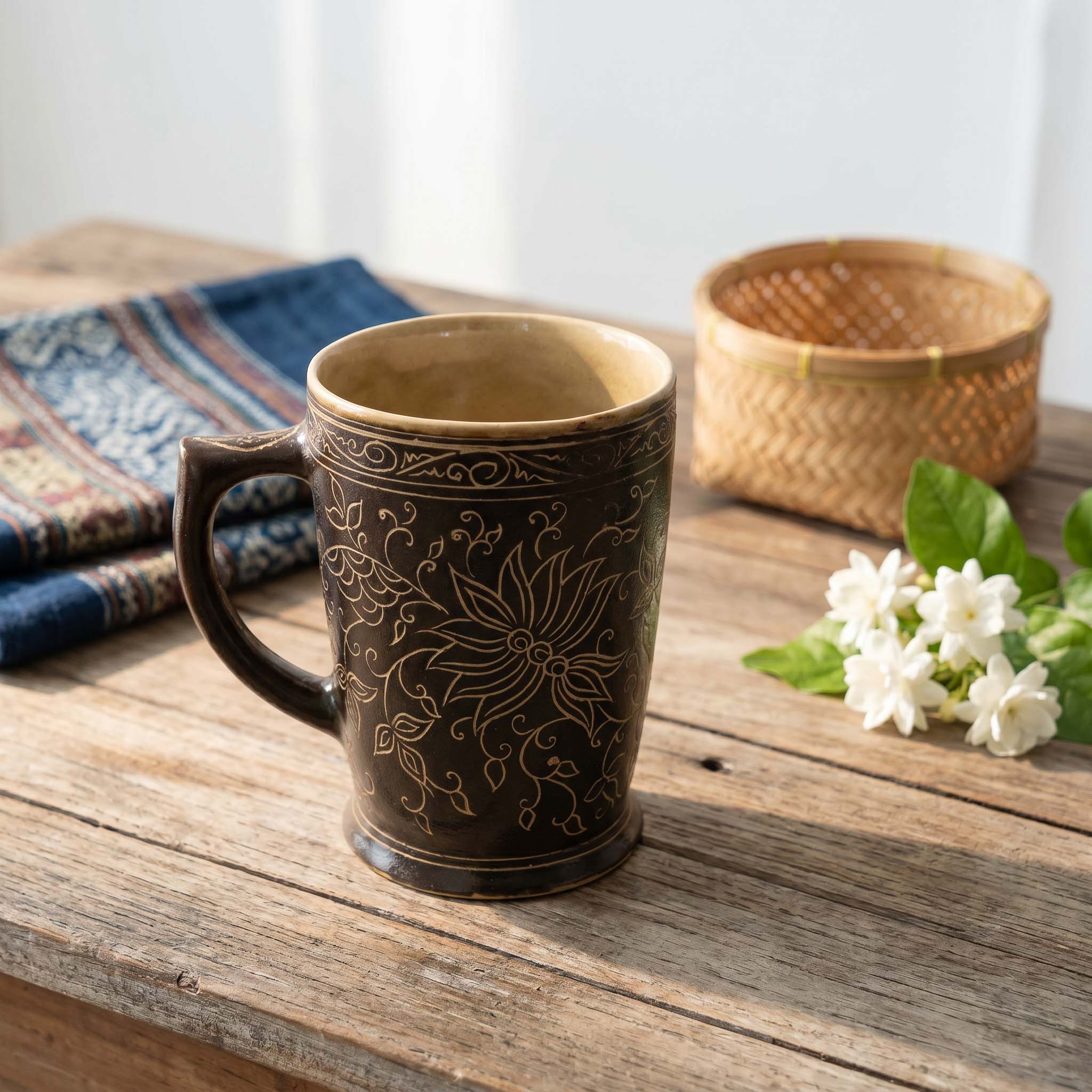 Handcrafted Wiang Kalong Dark Floral Mug with Gold Accents - Hand-Painted Lanna Ceramic from Chiang Mai Thailand - Lalanna Design