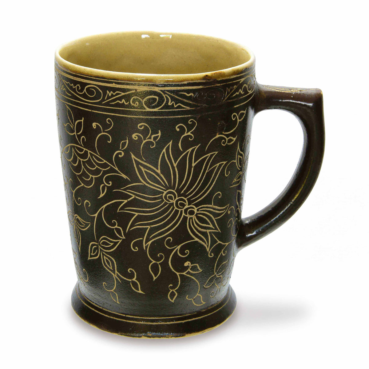 Handcrafted Wiang Kalong Dark Floral Mug with Gold Accents - Hand-Painted Lanna Ceramic from Chiang Mai Thailand - Lalanna Design