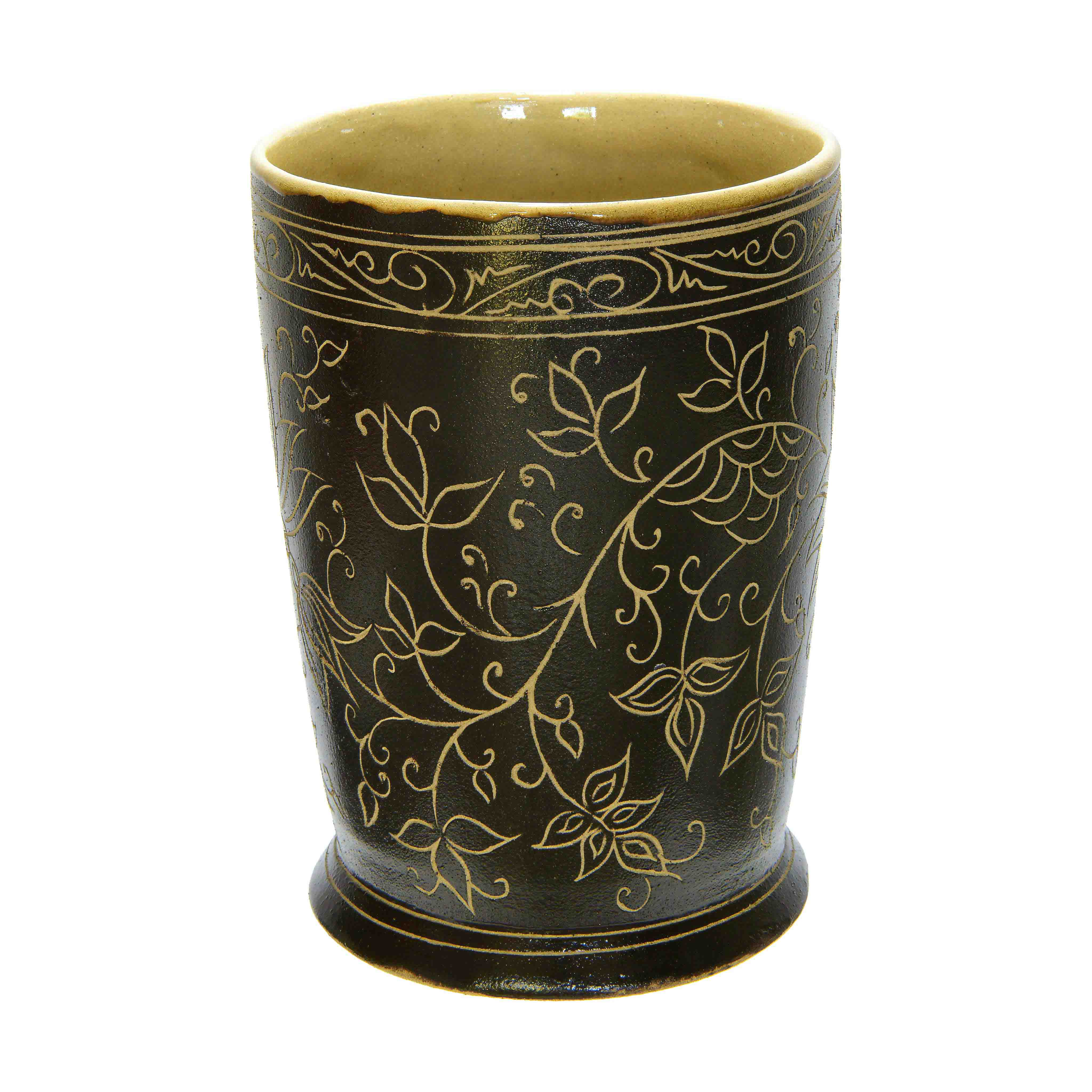 Handcrafted Wiang Kalong Dark Floral Mug with Gold Accents - Hand-Painted Lanna Ceramic from Chiang Mai Thailand - Lalanna Design