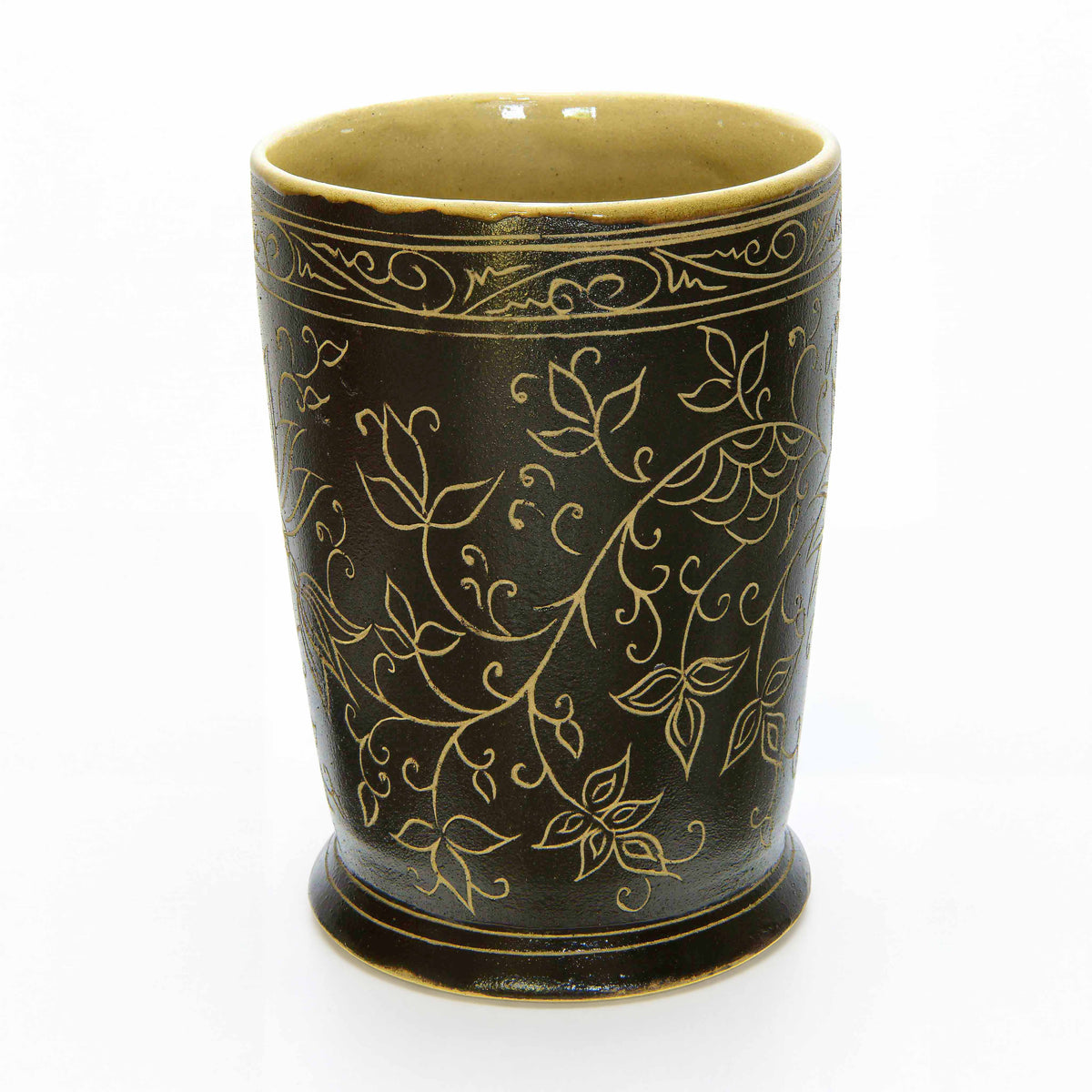Handcrafted Wiang Kalong Dark Floral Mug with Gold Accents - Hand-Painted Lanna Ceramic from Chiang Mai Thailand - Lalanna Design
