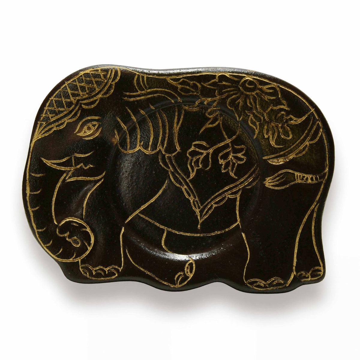 Handcrafted Wiang Kalong Elephant Cup & Saucer - Hand-Painted Black & Gold Lanna Ceramic from Chiang Mai Thailand - Lalanna Design