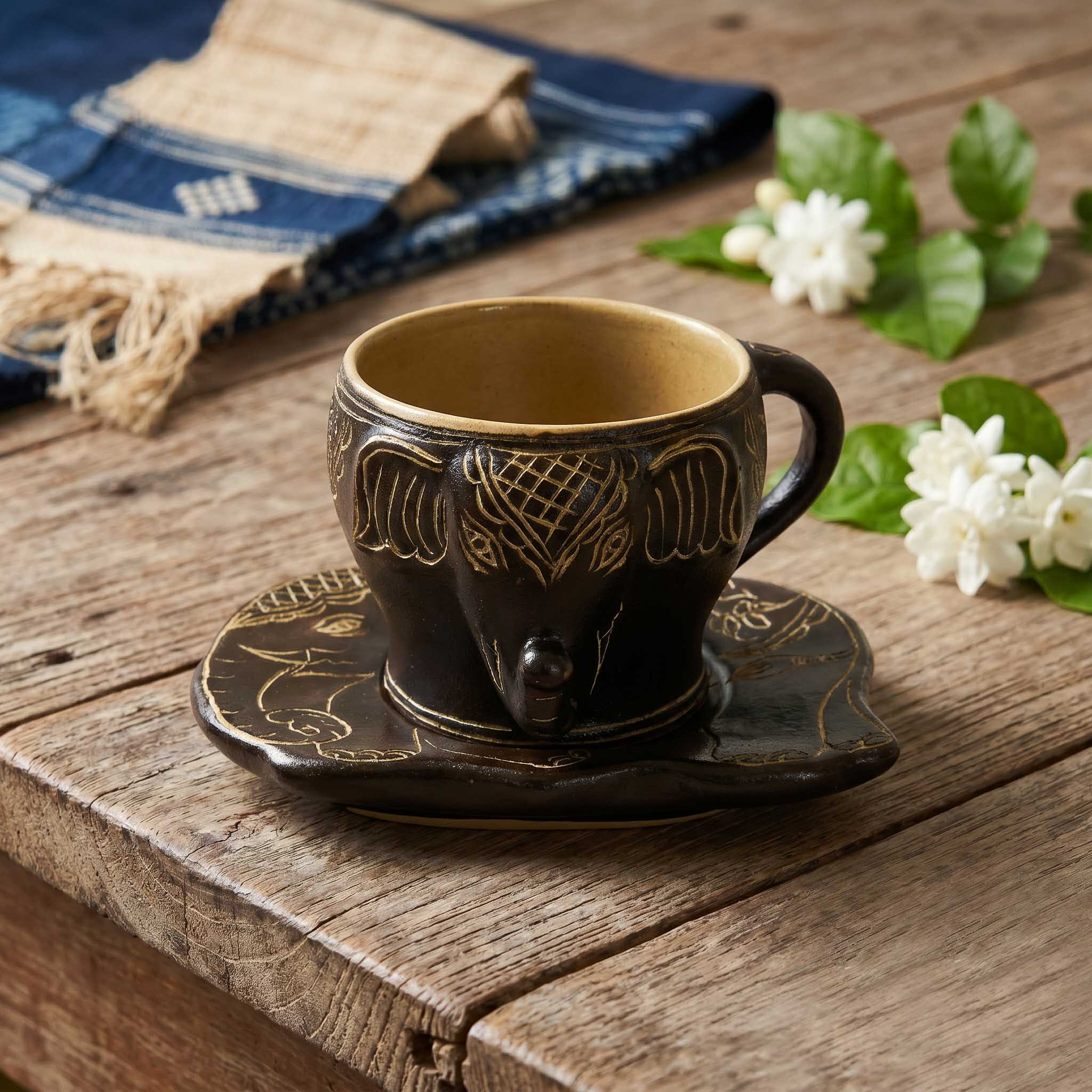 Handcrafted Wiang Kalong Elephant Cup & Saucer - Hand-Painted Black & Gold Lanna Ceramic from Chiang Mai Thailand - Lalanna Design