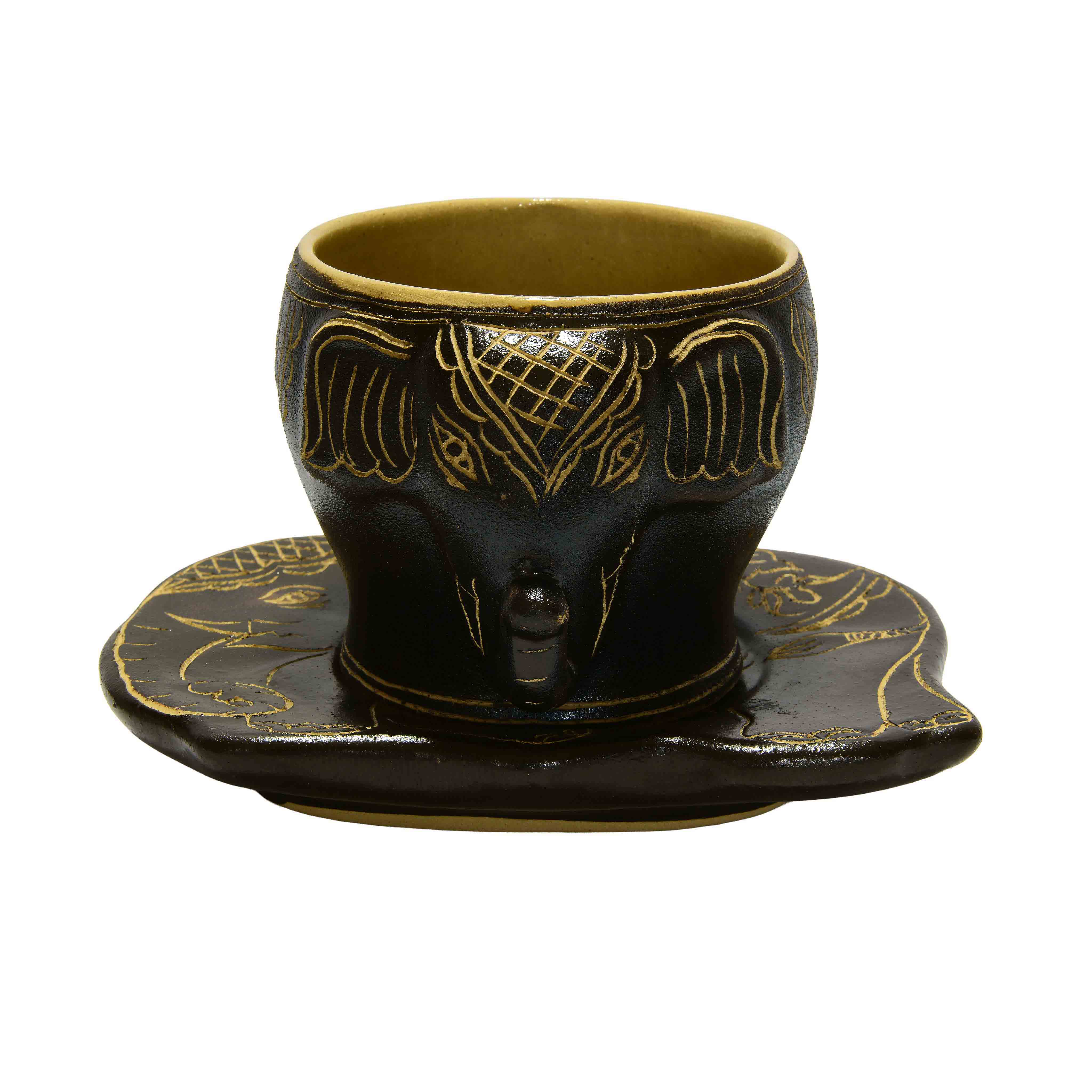 Handcrafted Wiang Kalong Elephant Cup & Saucer - Hand-Painted Black & Gold Lanna Ceramic from Chiang Mai Thailand - Lalanna Design