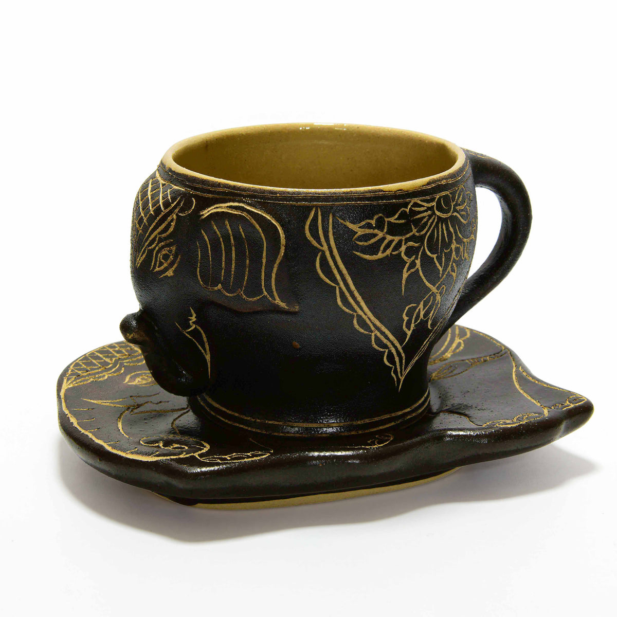 Handcrafted Wiang Kalong Elephant Cup & Saucer - Hand-Painted Black & Gold Lanna Ceramic from Chiang Mai Thailand - Lalanna Design