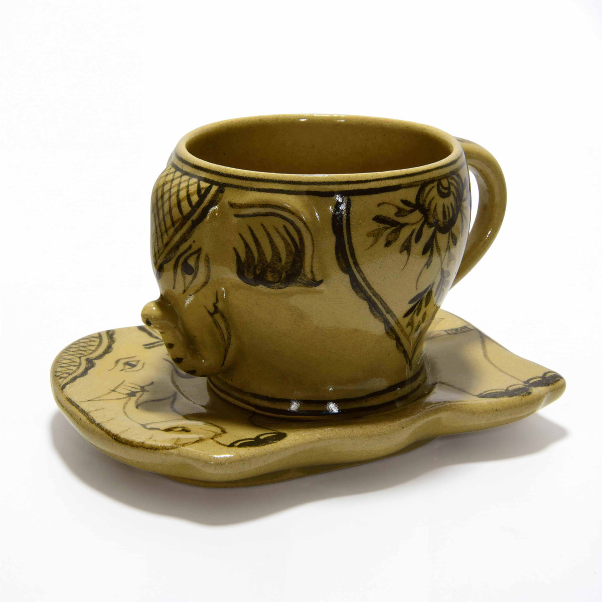 Handcrafted Wiang Kalong Elephant Cup & Saucer - Olive Green Hand-Painted Lanna Ceramic from Chiang Mai Thailand - Lalanna Design