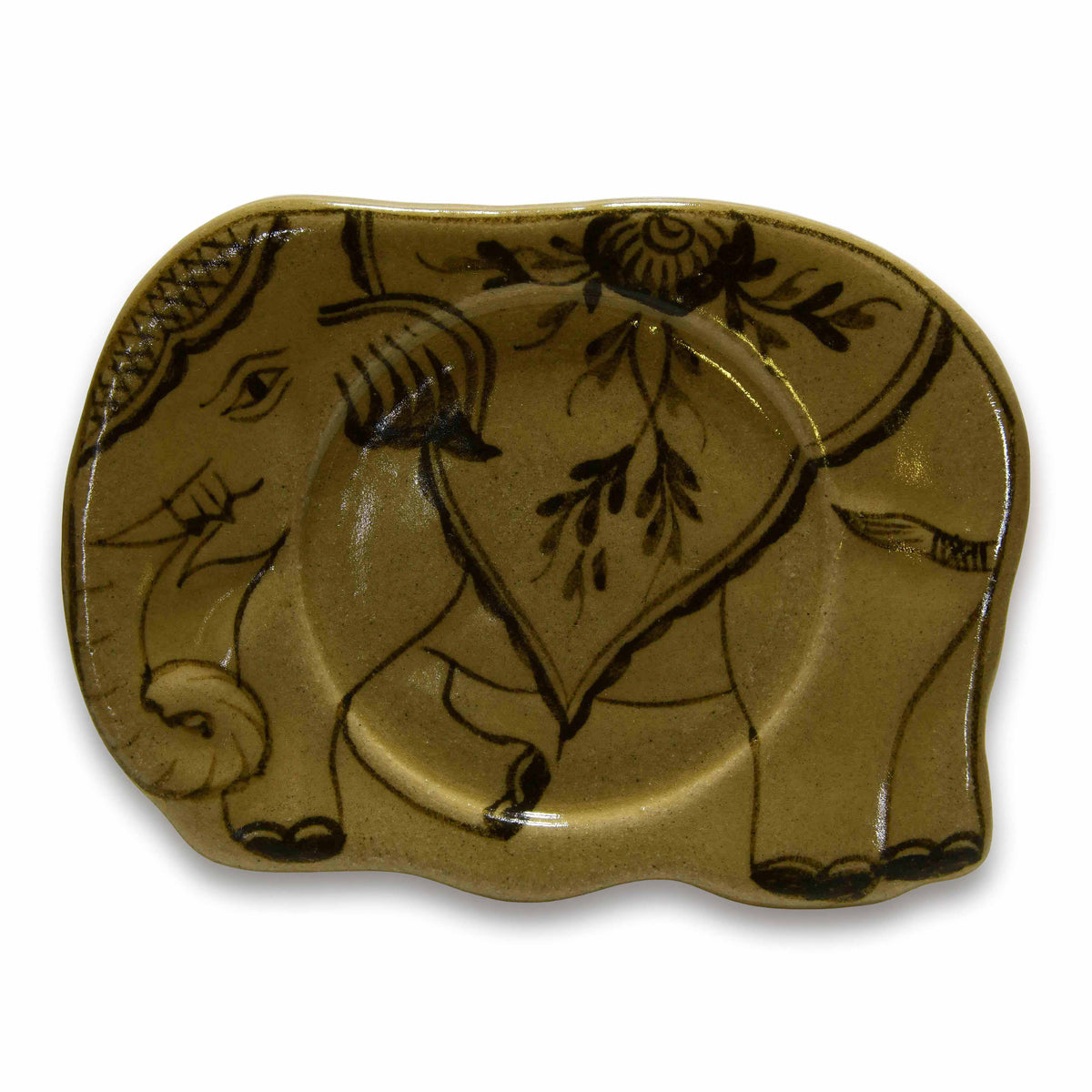 Handcrafted Wiang Kalong Elephant Cup & Saucer - Olive Green Hand-Painted Lanna Ceramic from Chiang Mai Thailand - Lalanna Design