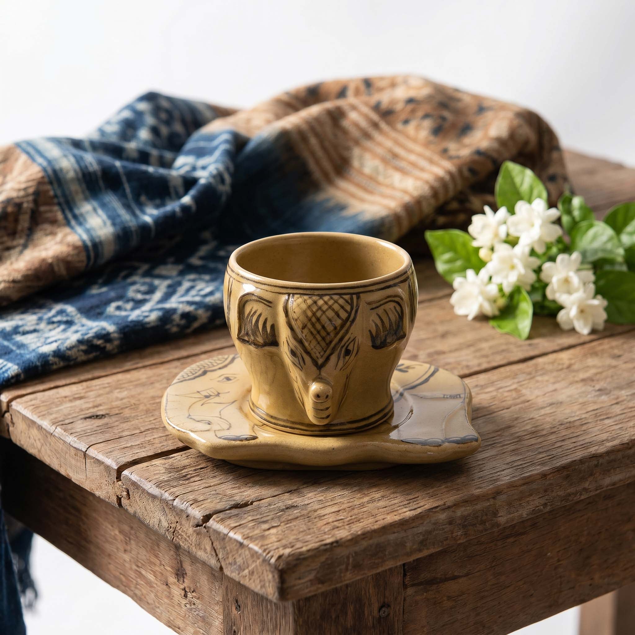 Handcrafted Wiang Kalong Elephant Cup & Saucer - Olive Green Hand-Painted Lanna Ceramic from Chiang Mai Thailand - Lalanna Design