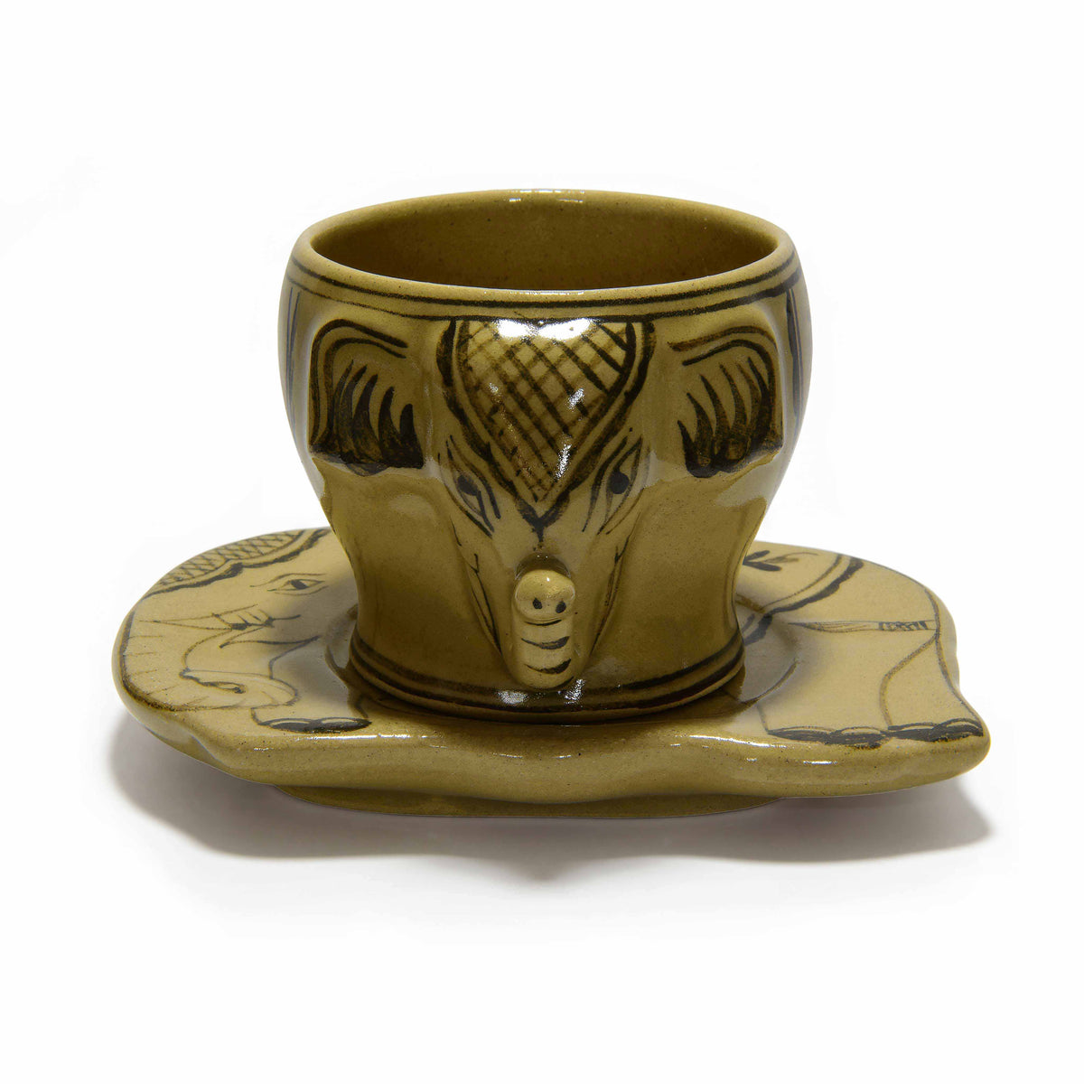 Handcrafted Wiang Kalong Elephant Cup & Saucer - Olive Green Hand-Painted Lanna Ceramic from Chiang Mai Thailand - Lalanna Design