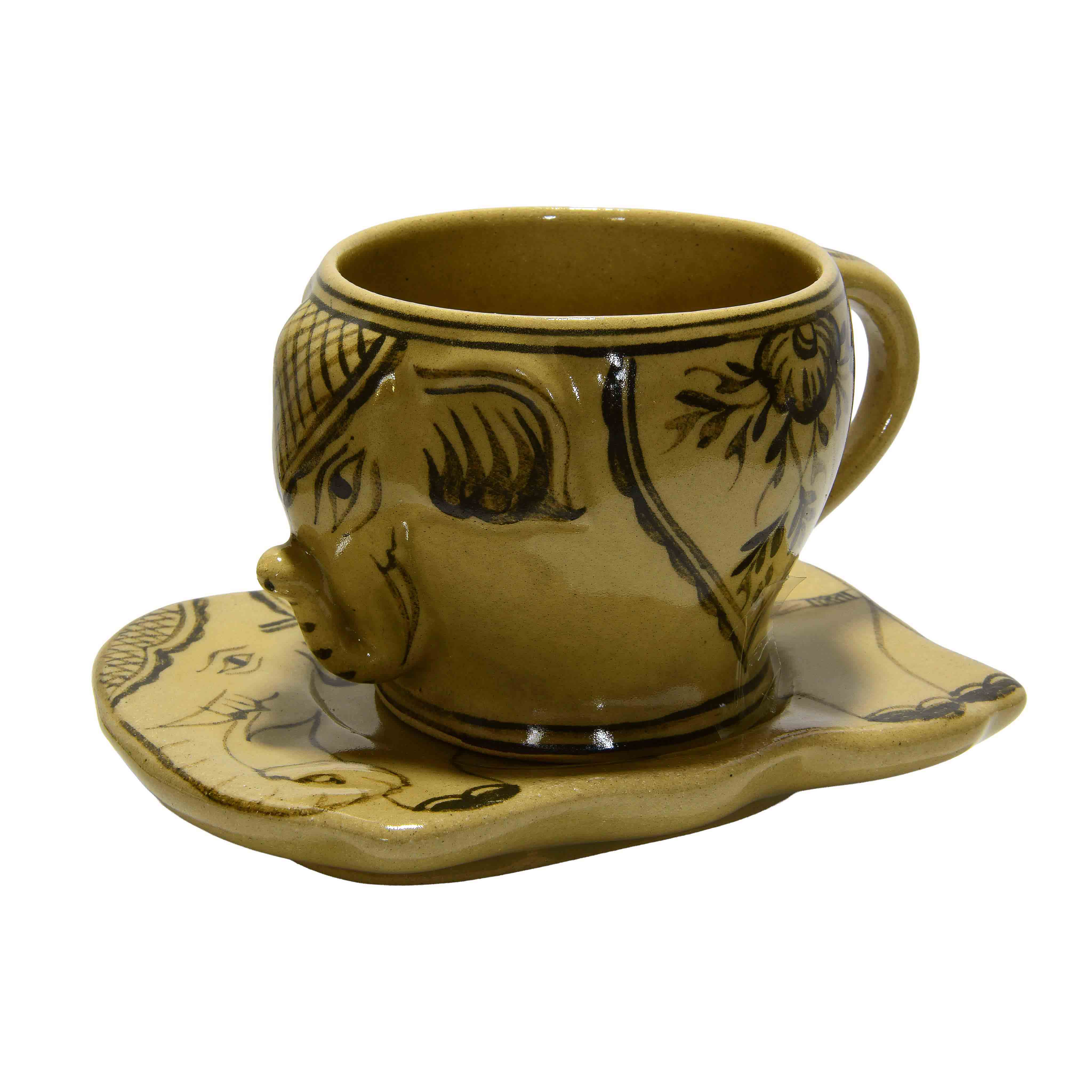 Handcrafted Wiang Kalong Elephant Cup & Saucer - Olive Green Hand-Painted Lanna Ceramic from Chiang Mai Thailand - Lalanna Design