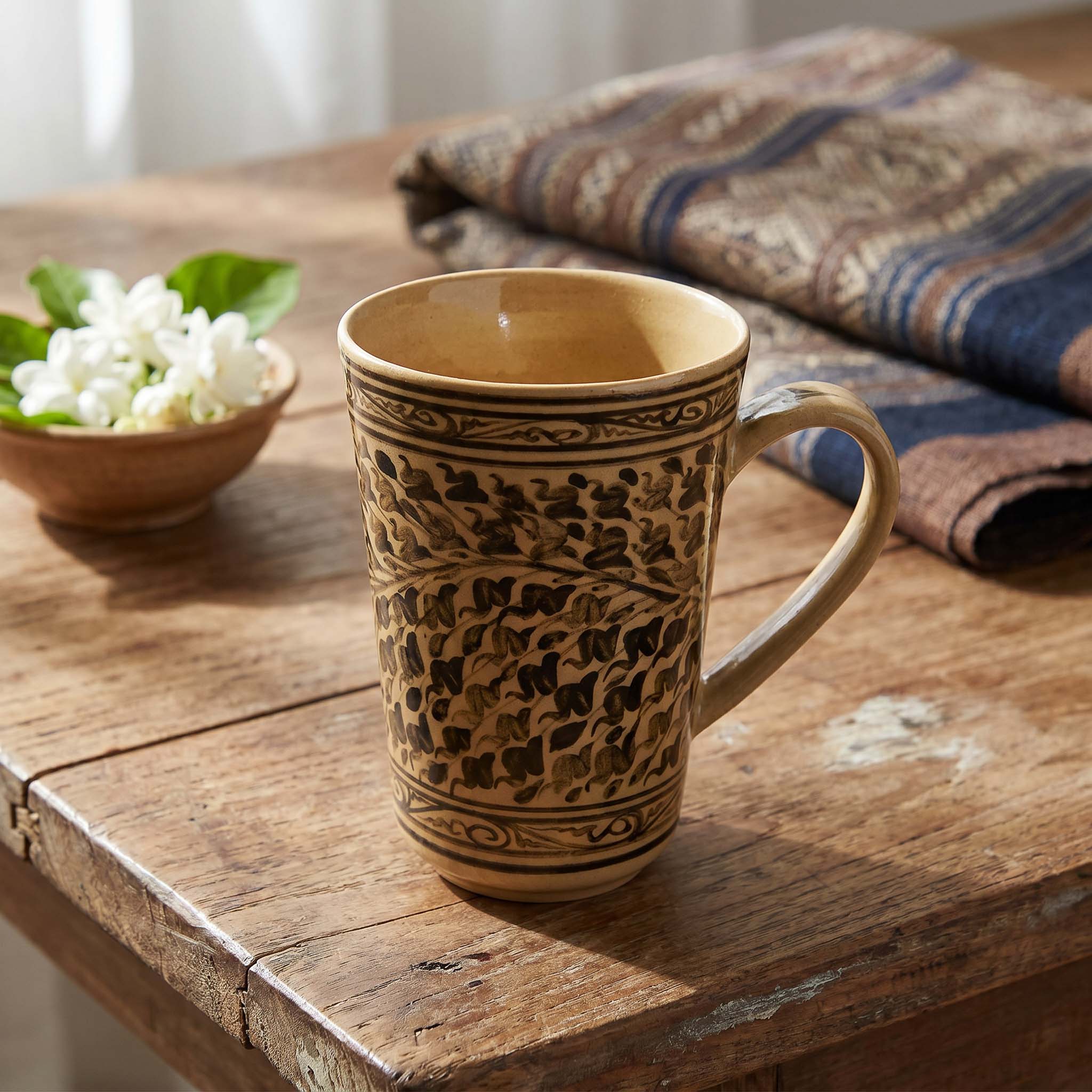Handcrafted Wiang Kalong Floral Mug - Hand-Painted Lanna Ceramic from Chiang Mai Thailand - Lalanna Design