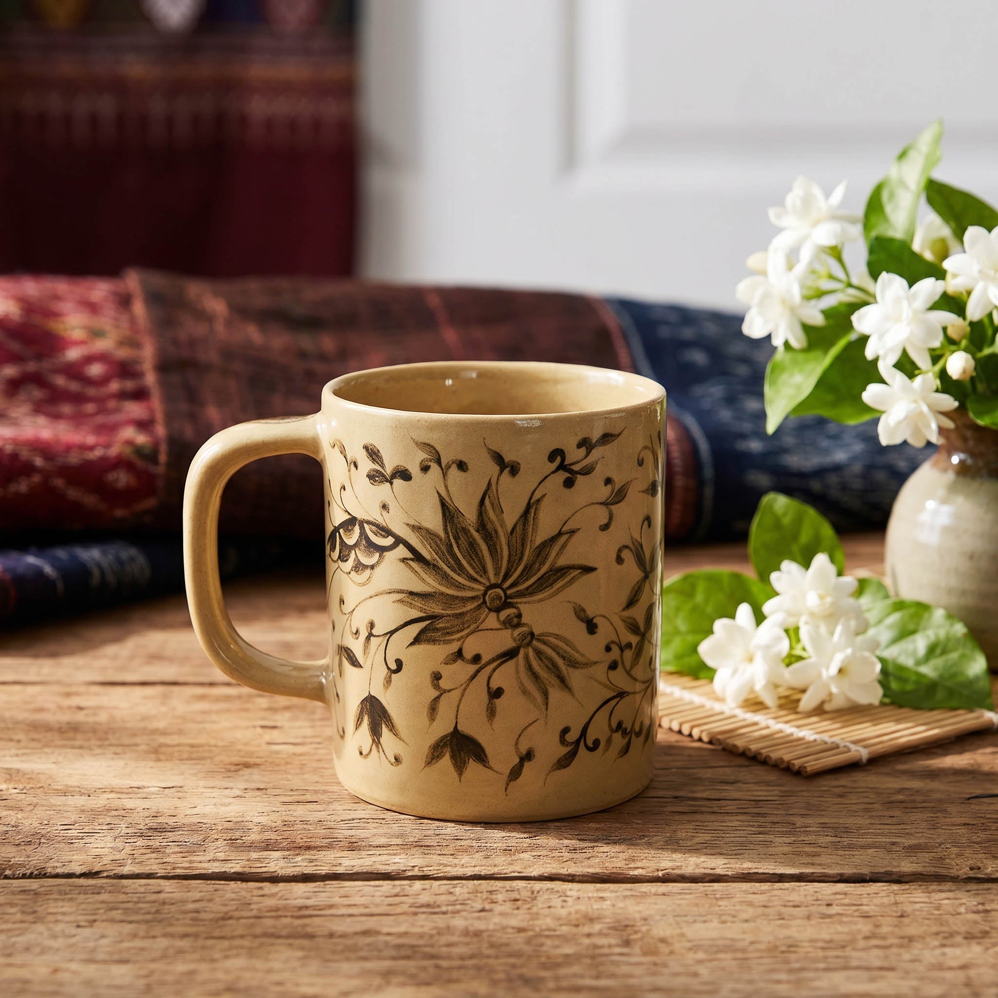 Handcrafted Wiang Kalong Lotus Flower Mug - Hand-Painted Lanna Ceramic from Chiang Mai Thailand - Lalanna Design